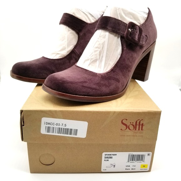 Sofft Shauna Mary Jane Pump Heels Sz 7.5 M Plum Suede Buckle Comfort - Picture 1 of 7